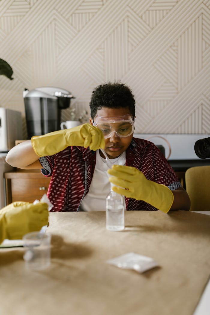 A focused child conducting a science experiment wearing goggles and gloves at home.